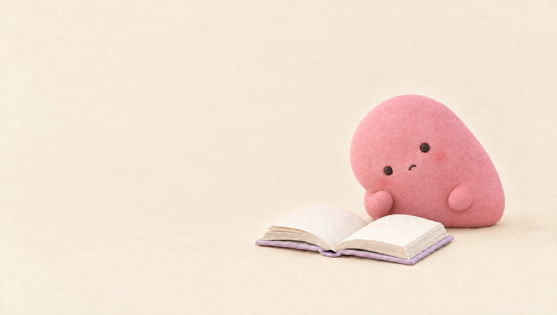 本を前に、聞き取れず考えこむ muwi のなかま