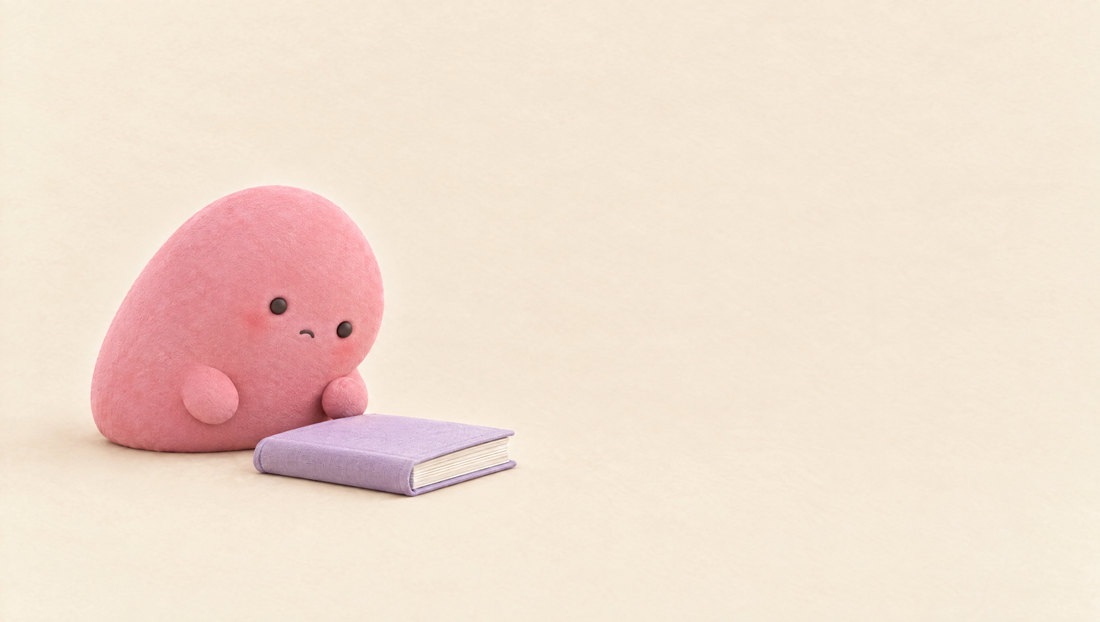 閉じた本のそばで、気が進まない muwi のなかま